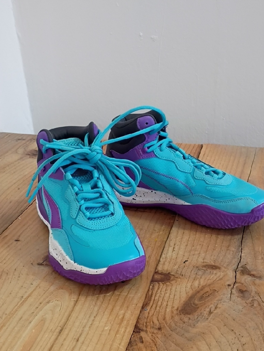 PUMA Playmaker Pro Mid 'Purple Glimmer Bright Aqua Hi Top Sneakers Size 5